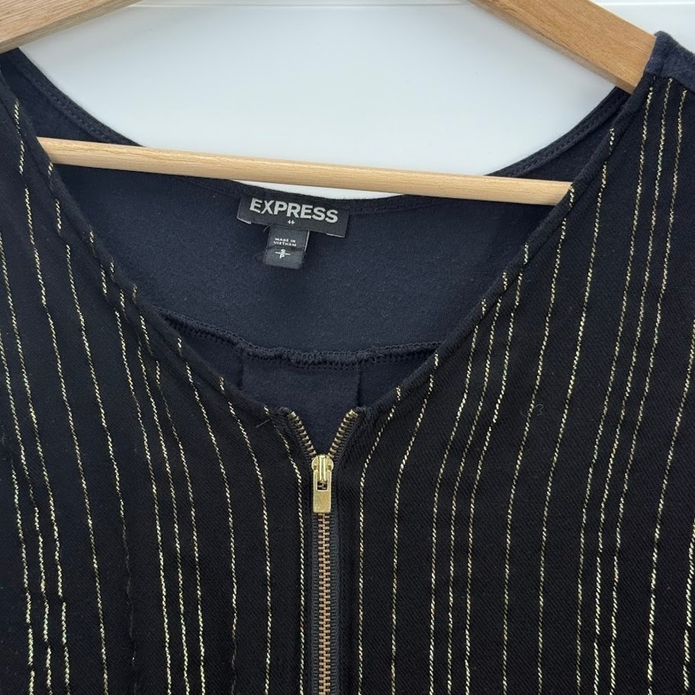 Express Tank Top Womens Small Black Gold Metallic Pinstripe Zip Excellent Glam - Picture 2 of 6